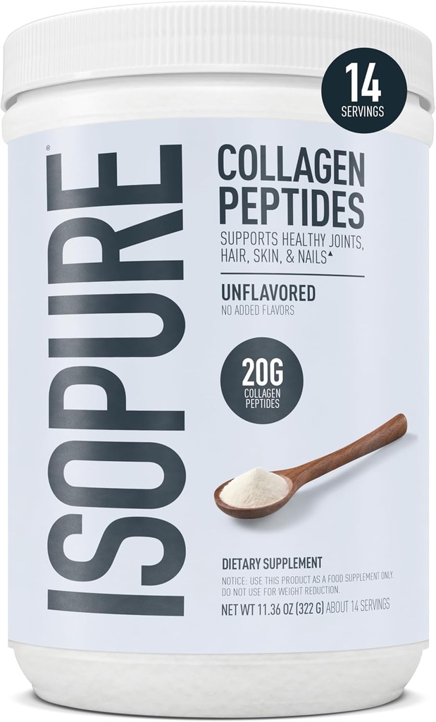 Isopure Collagen Peptides σκόνη, προωθεί τα μαλλιά, τα νύχια, το δέρμα και την κοινή υγεία, με βιταμίνη C και βιοτίνη, Unlavored, 20g Collagen Peptides Per Serving, 11.36 Oz, 14 υπηρεσίες (Packaging May Vary)