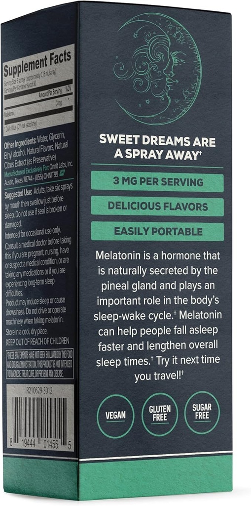 ONNIT Melatonin Liquid Sleep Support Spray, IGENTM Non-GMO Tested, Mint Flavor, Sleep Support för vuxna, 3mg Melatonin per Spray, 1 fl oz