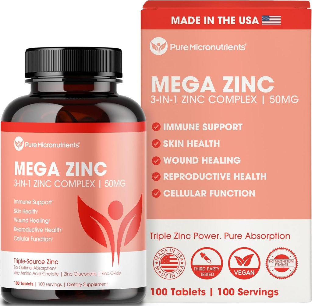 Mega Zinc osagarria, 50mg, 3-in-1 Zinc konplexua, 100 Tablet - Mikronutrients Pureak