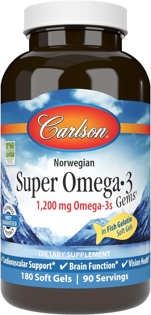 Carlson - Super Omega-3 Gems, 1200 mg Omega-3, Cardiovascular Support, Brain Function & Vision Health, norska, 180 mjuka gels
