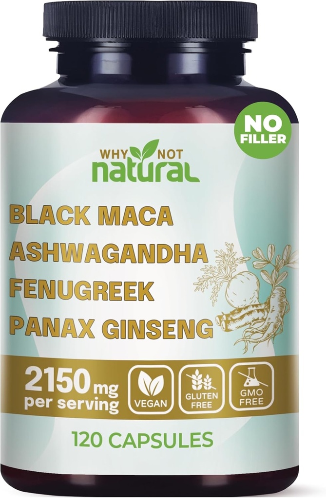 Proč ne přírodní 4-in-1 Organic Black Maca Root, Ashwagandha, Fenugreek, Panax Ginseng Kapsle, Dodatek pro muže a ženy