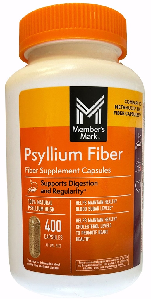 Member's Mark 100% Natural Psyllium Husk Fiber Capsules, Digestive Health, 400 Count (Pack of 1)
