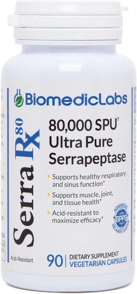 Serra-RX 80.000 SPU Serrapeptase - Säure-Resistant Proteolytic Systemic Enzyme, Non-GMO, Glutenfrei, Vegan, Unterstützt Sinus & Lung Health, 90 Veg Kapseln