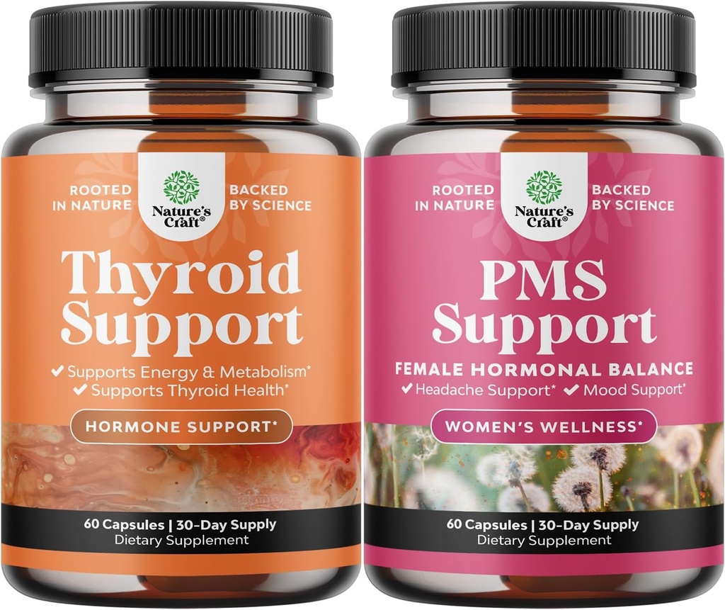 Bundle of Herbal Thyroid Support Complex and Herbal PMS תמיכה תוסף לנשים - Mood Enhancer אנרגיה תוספת לבריאות Thyroid - Feminine Balance Complex with PMS ויטמינים לנשים