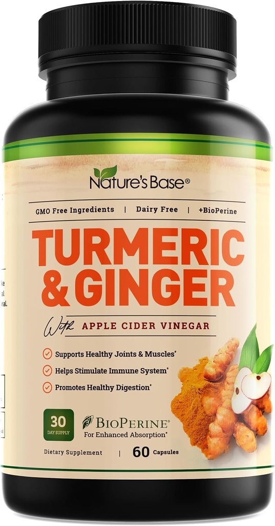Nature's Base Kurkum ja ingver Supplement - koos kurkumiini, Apple Cider Vinegar & BioPerine Black Pepper Extract - 95% kurkuminoidid - 60 kapslit