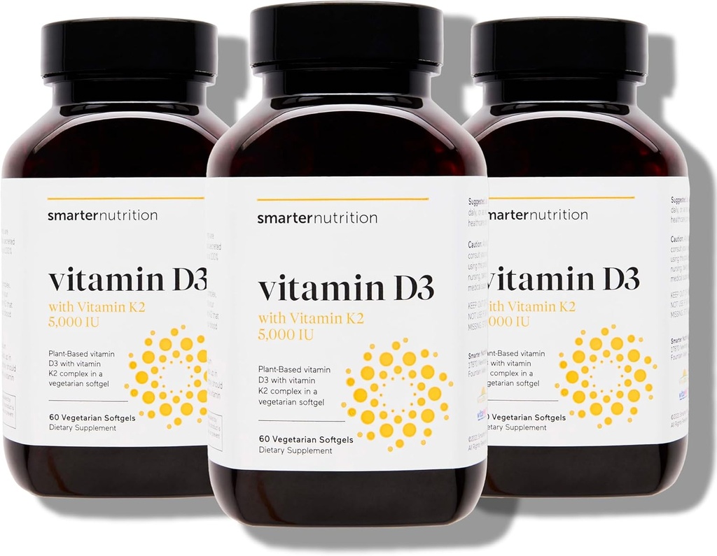SMARTERNUTRITION Vegansk vitamin D3 5000 IE + Naturlig vitamin K2 1100 mikrogram i organisk kokosnøtt og olivenolje - D3 K2 Supplement for immun- og beinstøtte - 180 Softgels[90 Day Supply]