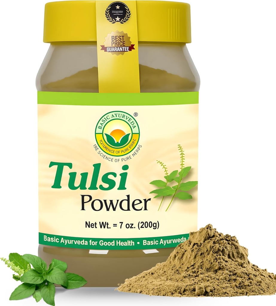 BASIC AYURVEDA Tulsi Powder – 7.05 Oz (200g) | 차, 피부 관리 및 모발에 대한 Holy Basil Leaf Powder | Detox, Natural Energy, Daily Balance | Non-GMO, Vegan, 글루텐 프리