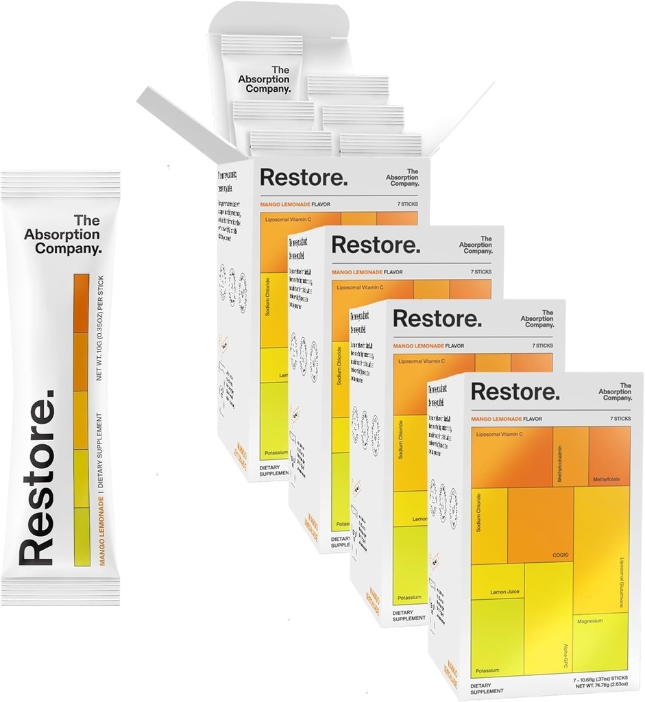 Absorbcijos bendrovė Electrolyte Powder Packets - Workout Recovery & Hydration Drink Mix with Liposomal Glutatione, Vitaminas C & Metilintas B Vitaminai - Mango Lemonade (28 Sticks)