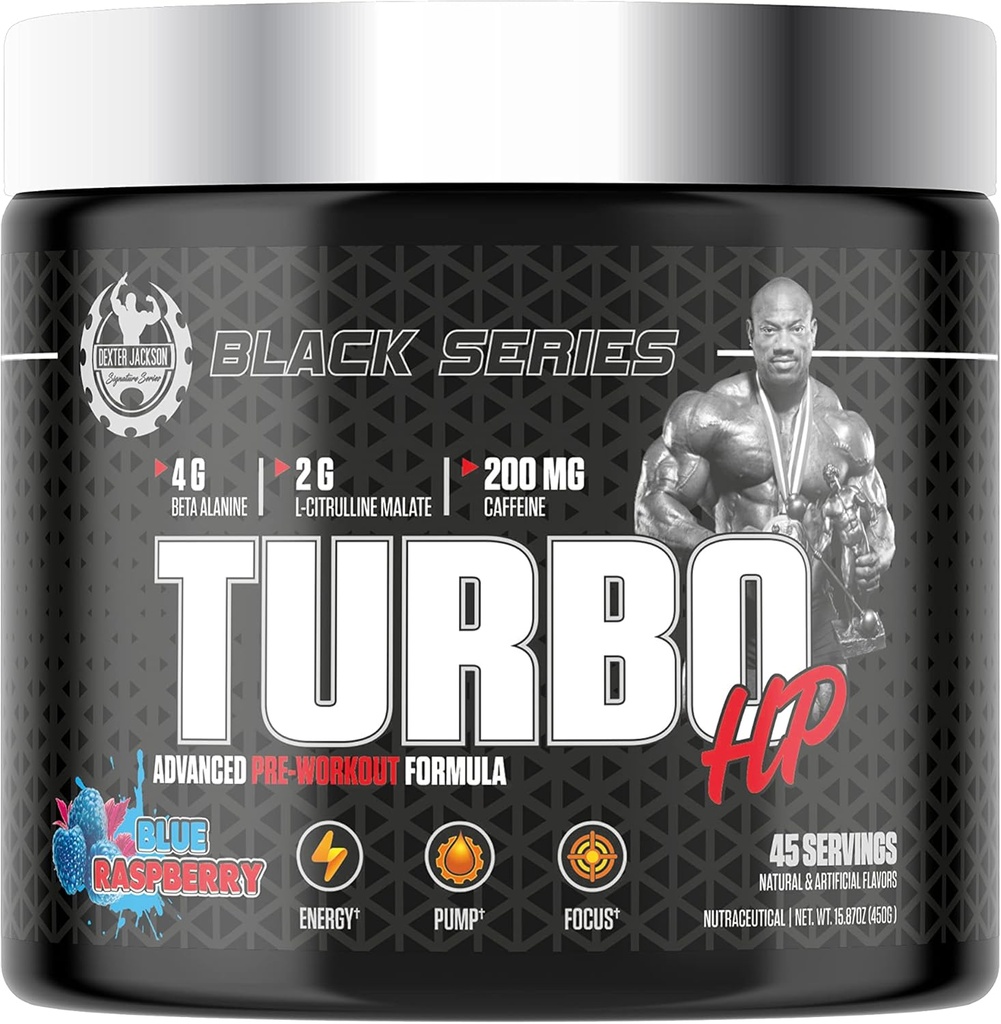 Black Series Turbo HP Pre Workout | smaksatt, avancerad formel | Boost Energy and Performance | 45 portioner, 450 gram (regelbunden, blå hallon)