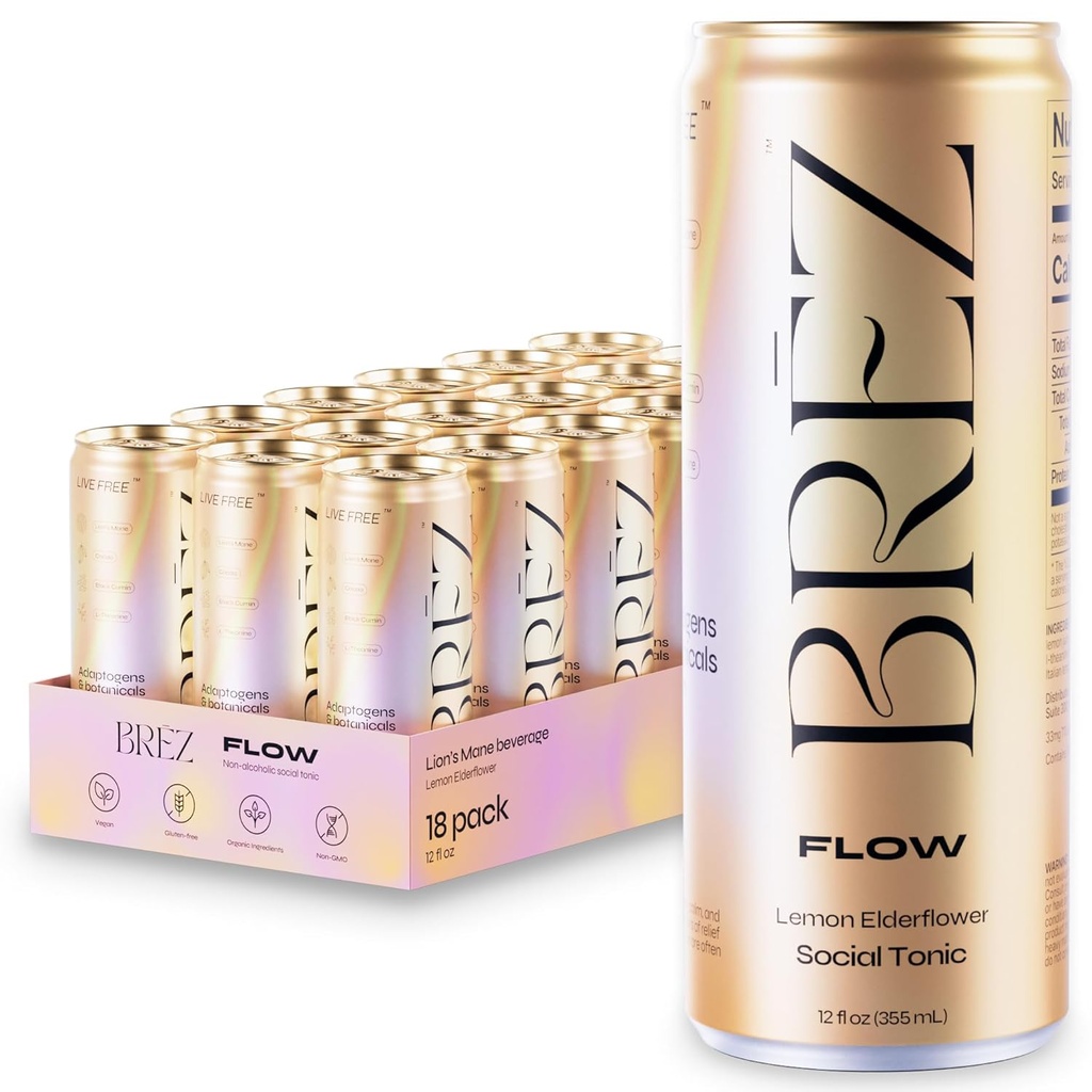 BREZ FLOW Lion의 Mane Mushroom 음료, 18-Pack, 비 주입, Adaptogens, Relieving, Uplifting, Social, Sparkling Lemon Elderflower Tonic 12 Fl oz