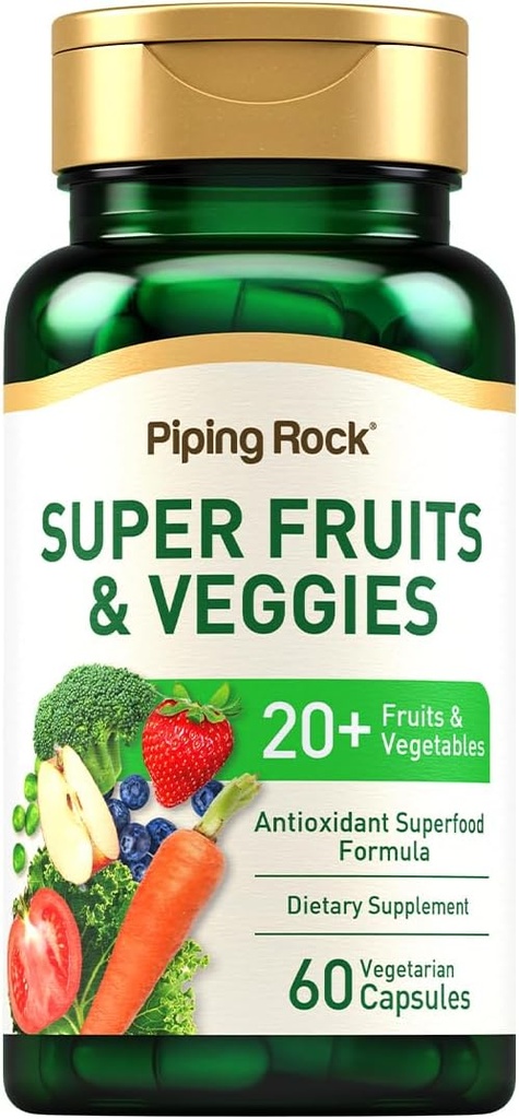 Piping rock augļi un veggies Papildinājums - 60 Kapsulas - Superfood Augļi un dārzeņi Vitamīni - ar prebiotiku Blend - Veģetārietis Formula - Non-GMO, bez lipekļa