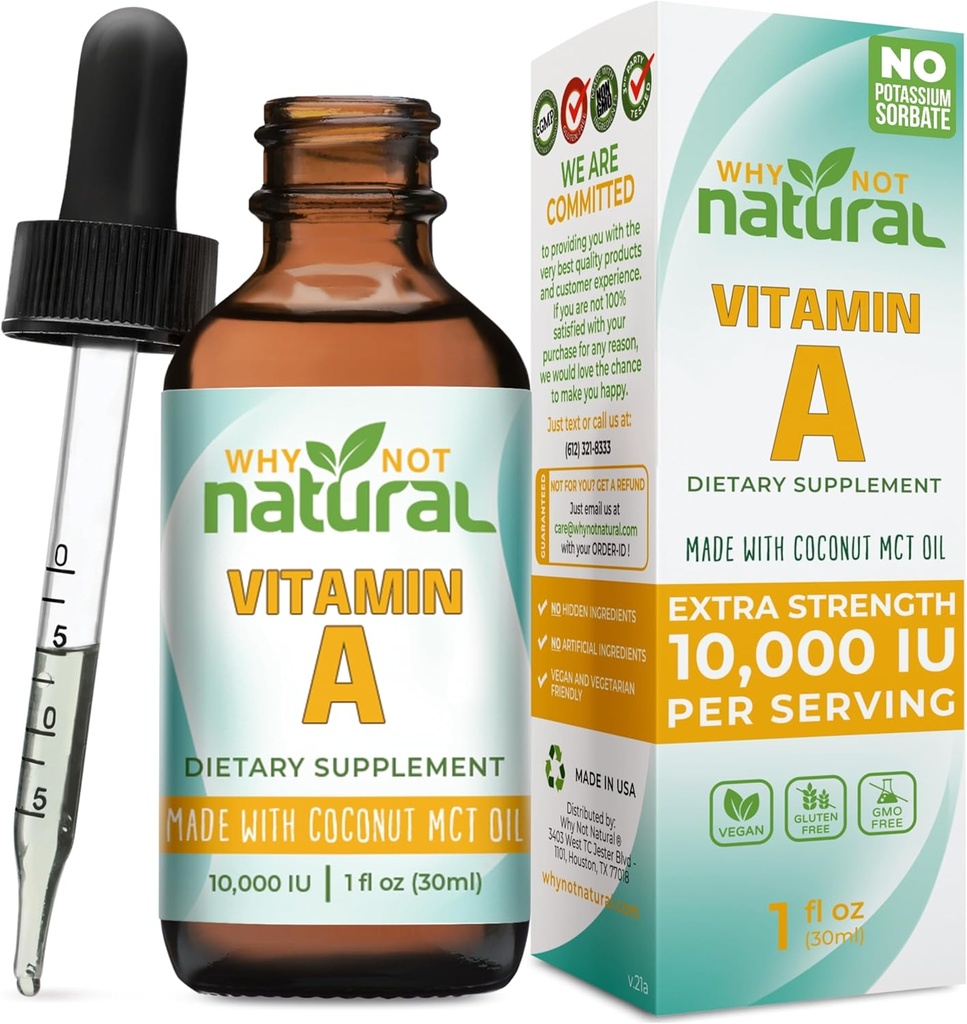 Tại sao không phải là vitamin tự nhiên A thả 10.000 chất lỏng retinyl Palmitate với dầu dừa MCT, Vegan VIT trợ giúp cho da - 1oz Tin lành phụ