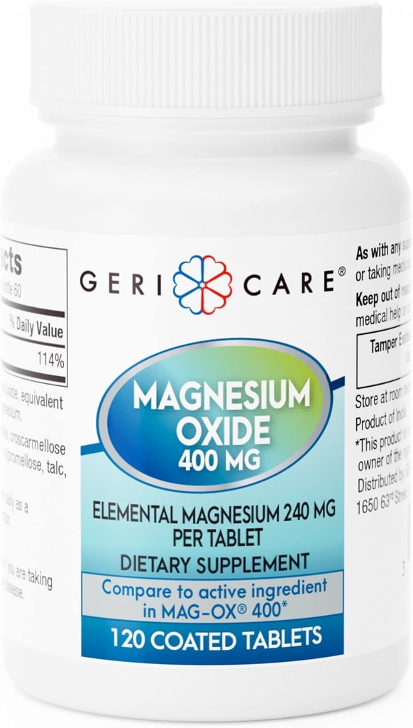 GeriCare Magnesium Oxide supplement 240 mg - Elemental Magnesium, 120 Coated Tablets – Essential Mineral Support - Promotes Vascular Health, Bone Strength, and Muscle Function (Pack of 1)