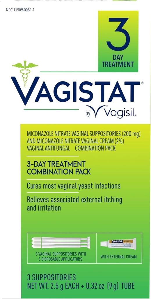 Vagisil Vagistat 3 días Tratamento de infección de lévedos para mulleres, confía o acceso externo e a irritación - 2% de cremación de nitrato de miconazol externo, 3 Suppositorios e aplicadores dispoñibles (Pack of 1)