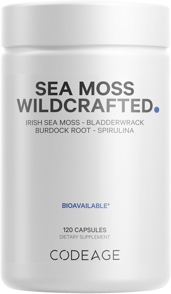 Кодаж Сирий дикий ремесла Irish Sea Moss Supplement, Spirulina Algae, Bladderwrack Seaweed, Burdock Root, Чорний перець, Vegan, Non-GMO, 120 Капсули