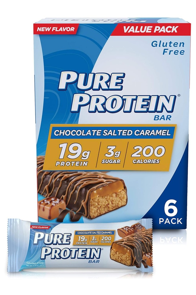 Barras de proteínas puras, proteínas altas, bocadillos nutritivos para soportar enerxía, baixo azucre, glute libre, chocolate salgado Caramel, 1.76oz, 4 Pack