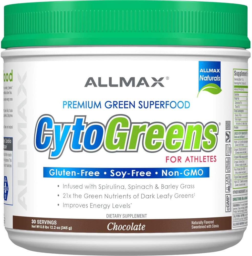 ALLMAX Nutrition - Cytogreens Super Green Powder, Infunderes med Spirulina, Spinach & Barley Grass, Understøtter immunforsvar & fordøjelse, Gluten Free & Vegan, 30 Servere (chokolade)