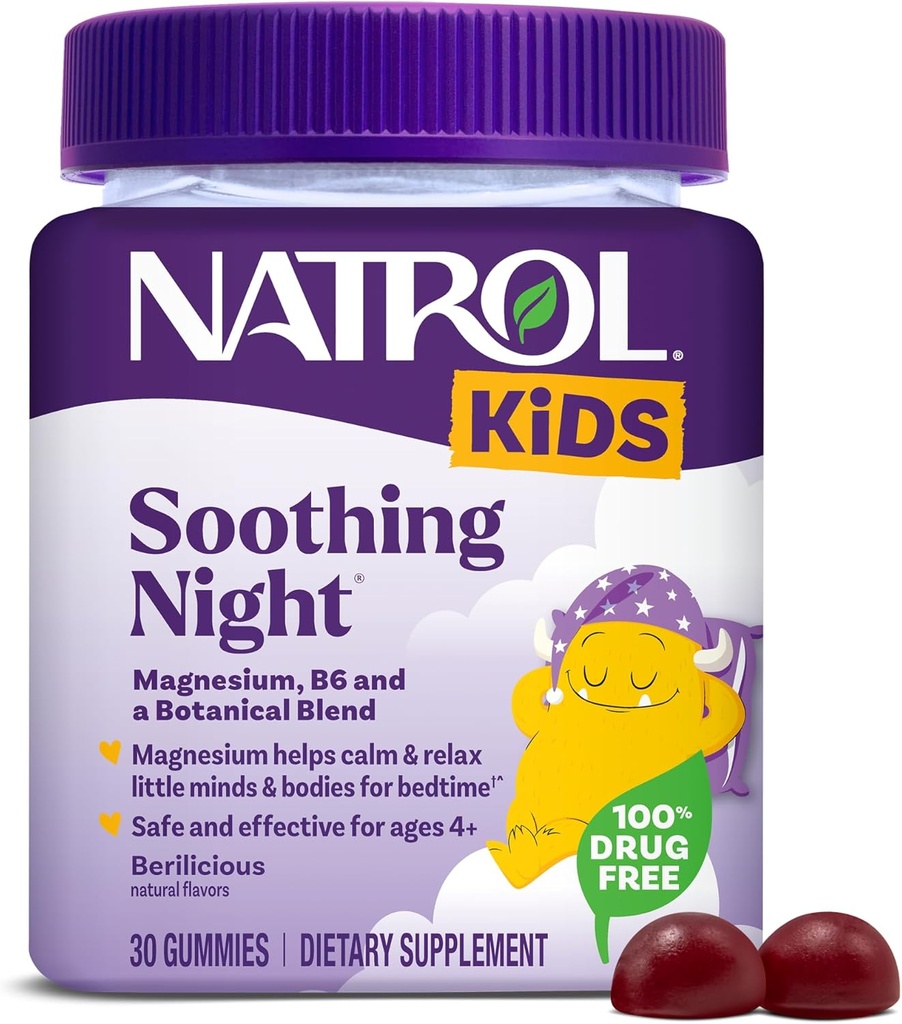 Natrol Kids успокаивает ночные магниевые цитраты, помогает успокоить и успокоить маленькие умы и тела во время сна для тех, у кого мало магния, плюс витамин B6 поддерживает функцию мозга, 30 бериллических гумми