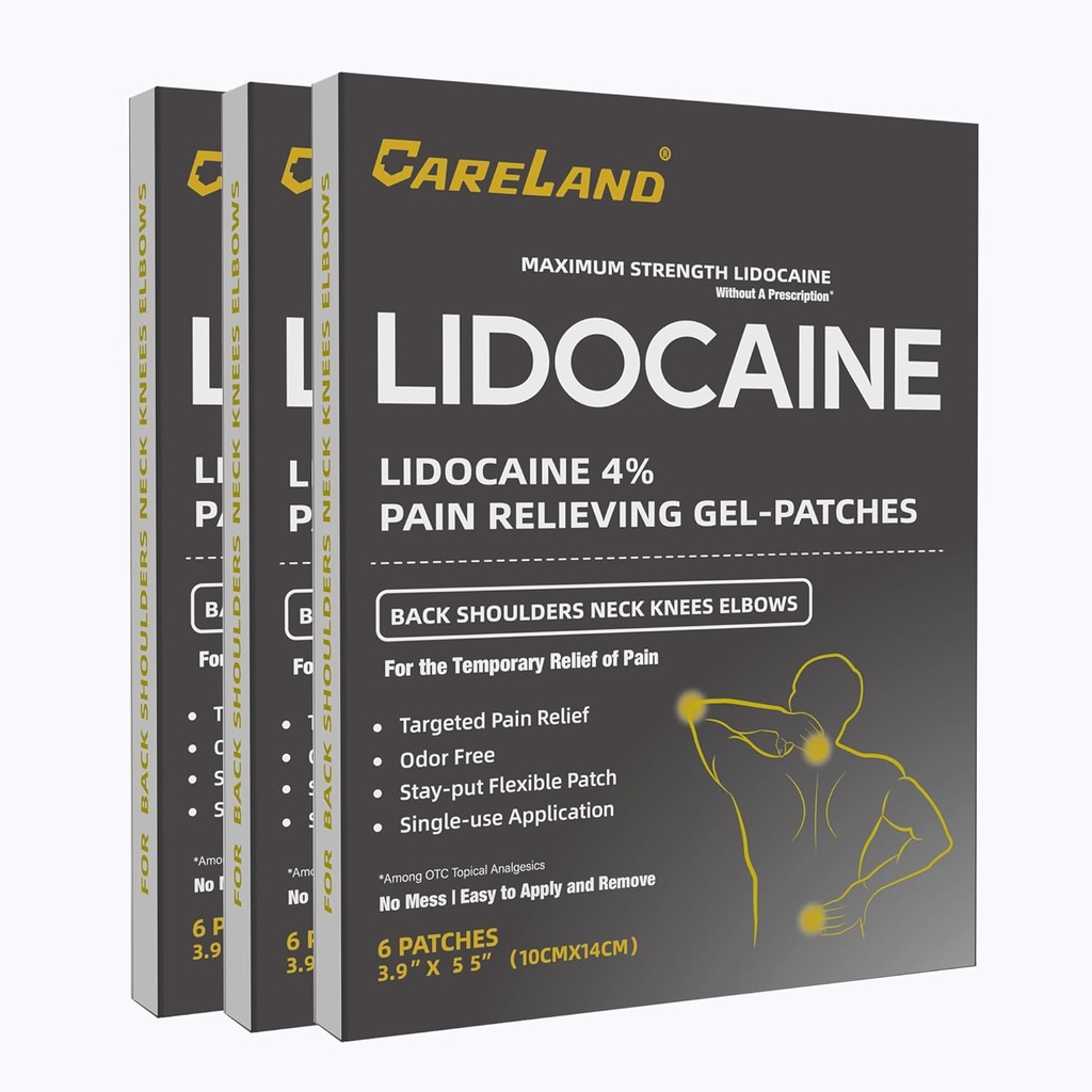 CARELAND Lidocaine Gel Patch, 18 greve Maximal Styrka Smärta Patches för Muscle Relief i nack knä tillbaka och axlar Unscented Numbing Patch för lugnande nerver, gemensamma