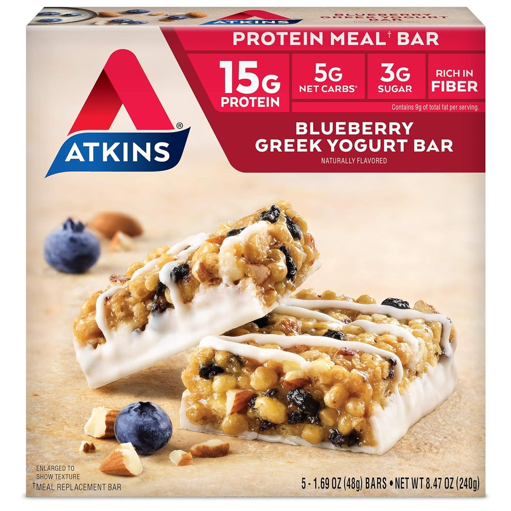 Atkins Blueberber, Yogurt Protein Meal Bar, High Fiber, 15g Protein, 3g Sugar, 5g Net Carbs, Substitució Meal, Keto Amenly, 5 comte