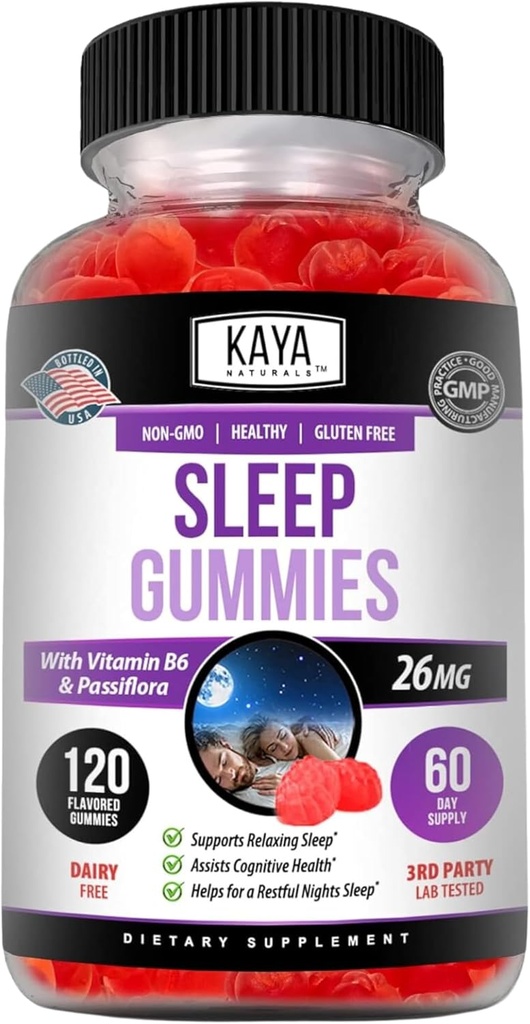 Kaya Naturals Miega Gumijas (26mg) - Veselības Papildinājums un Miega Atbalsts pieaugušajiem - Vitamīns B6 un Melatonin Gumies - Gummy Vitamīni sievietēm un vīriešiem - 120 Count