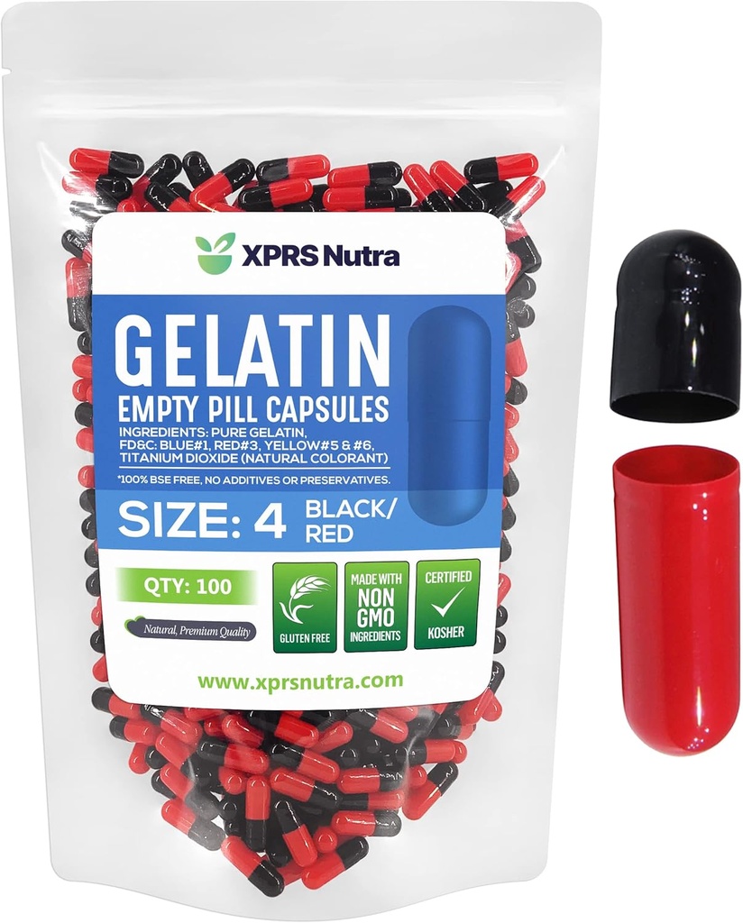 XPRS Nutra Size 4 Capsule Vuote - 100 Contare Piccole Capsule Gelatina Vuote - Pillole Riempimento Capsule fai-da-te - Fillable Pure Bovine Pill Gel Caps per Do-It-Yourself Supplements (nero/rosso)