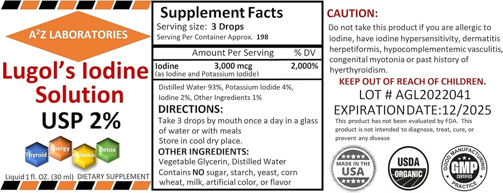 2 x 1 OZ Pack A2Z Organic Lugol's Iodine and Potassium Iodide 2% Solution 3000 mcg - Liquid Supplement Drops for Thyroid Support for Women & Men, Metabolism Health, Detox Boost - 2 x 1 Fl Oz/USA