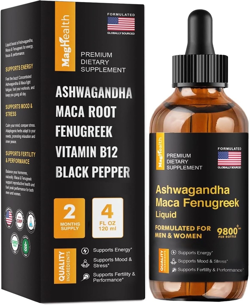 Maca Root Skysti lašai su Ashwagandha ir Fenugreek - 60 dienų aptarnavimas - Focus, Energy and Performance - Skystas Multivitaminas moterims ir vyrams - Adapto Drive, Vegan Drops