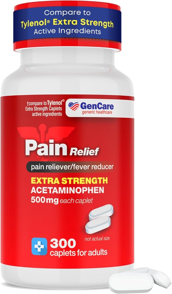 GenCare - Acetaminophen 500mg Extra Strength Pain Relief (300 Caplets) - Multi Oirekipu Reliever päänsärky, Sinus, Niveltulehdus, selkäkipu Lihaskipu, hammassärky, kuume reduktori, migreeni