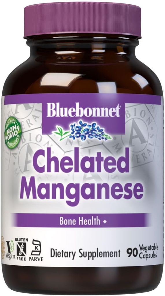 BlueBonnet Nutrition Albion Cheted Manganesos, Amigino Chelate, Soy, Dairy & Guten-Free, No-GMO, Kosher Cretified, Vegan, 90 comte