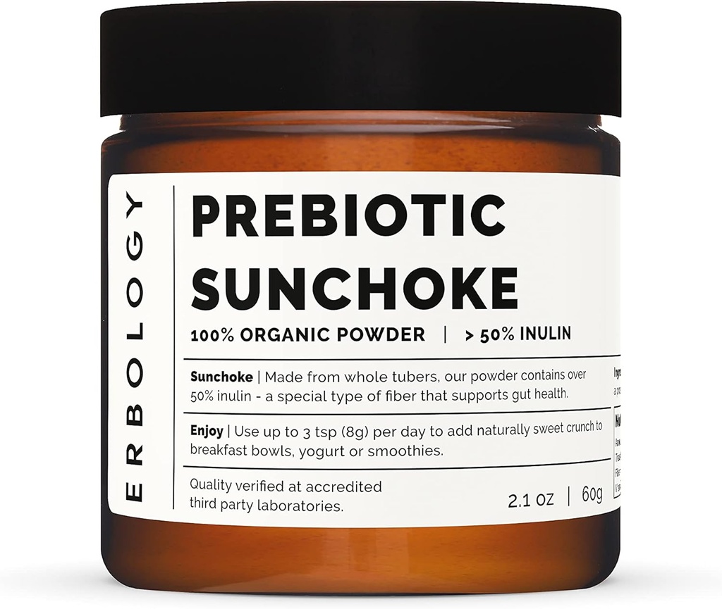 Erbology Organic Sunchoke Powder 2.1 oz - 30 서빙 - 50 % Prebiotic Inulin Fiber - Gut Health를 지원하고 Diverse Microbiome을 홍보하십시오 - Vegan - Gluten-Free - GMO-Free