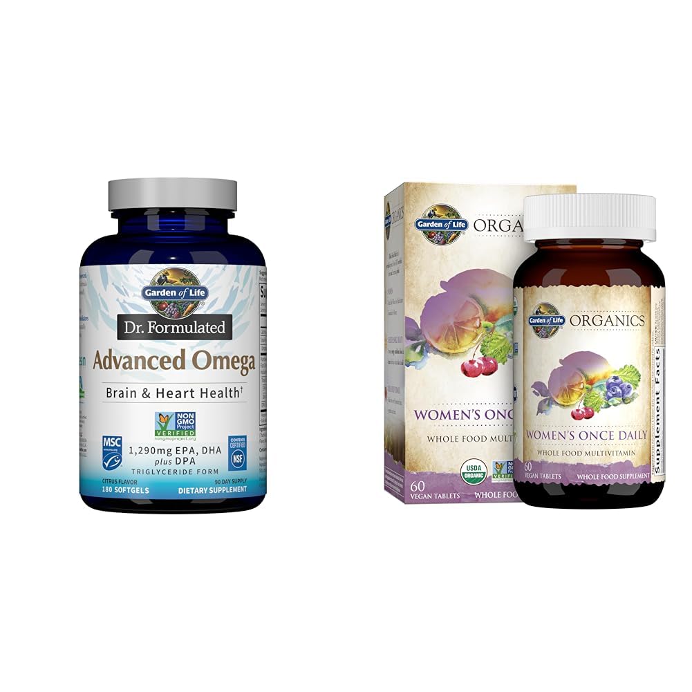 Garden of Life Omega-3 Fish Oil 1,290mg EPA+DHA+DPA 180 Softgels & Once Daily Organic Whole Food Multivitamin for Women 60 Tablets
