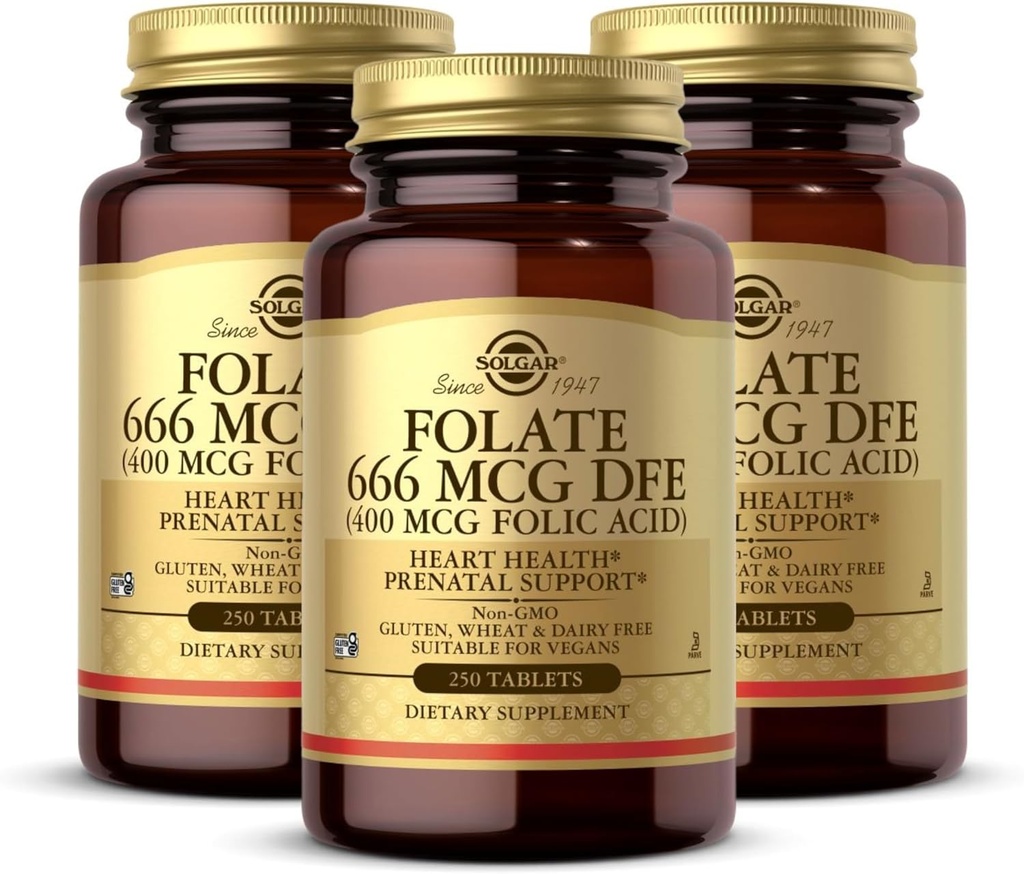 Solgar Folate 666 mikrog DFE (Folic Acid 400 mikrog) - 250 tablettia, pakkaus 3 - Prenatal Support - Ei-GMO, Vegan, Gluteeniton, Dairy Free, Kosher - 750 yhteensä