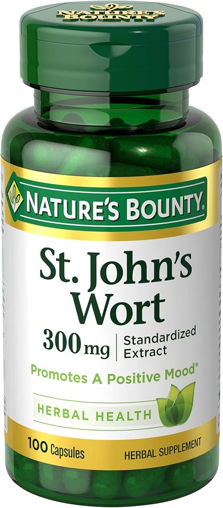 Капсулы Bounty St. John’s Wort 300 мг, травяная добавка для здоровья, способствует позитивному настроению, 100 капсул