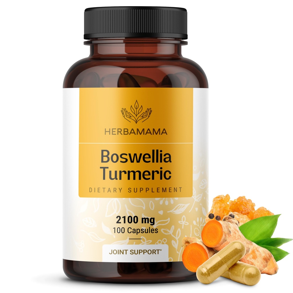 HERBAMAMA Turmeric and Boswellia Extract Capsules - 2100mg Boswellia Serrata & Turmeric Complex with Black Pepper Extract - Vegan, Non-GMO, 95% Curcuminoids Antioxidant Supplement, 100 Caps