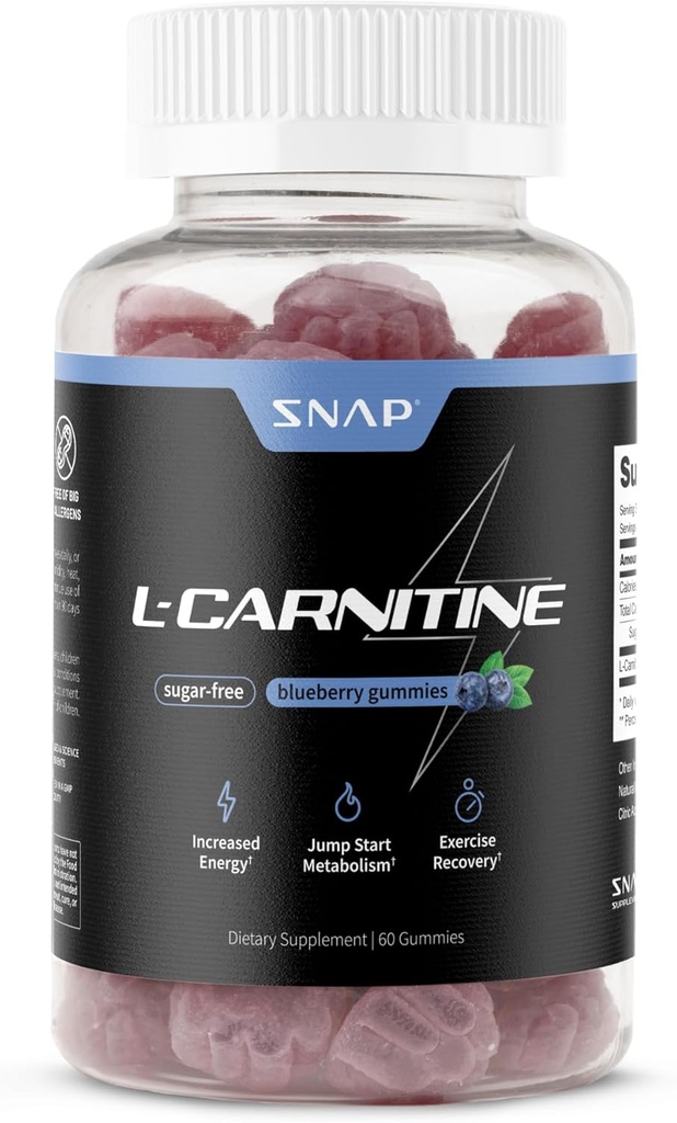 Sugar Free L Carnitine 500mg Gummy - Natural Pre Workout L-Carnitine Supplement - Energia areagotua, berreskurapen azkarragoa, Metabolismoa bultzatzea, Emakume eta Gizonentzako lan-aurrea, Blueberry Flavor (60 Gummies)
