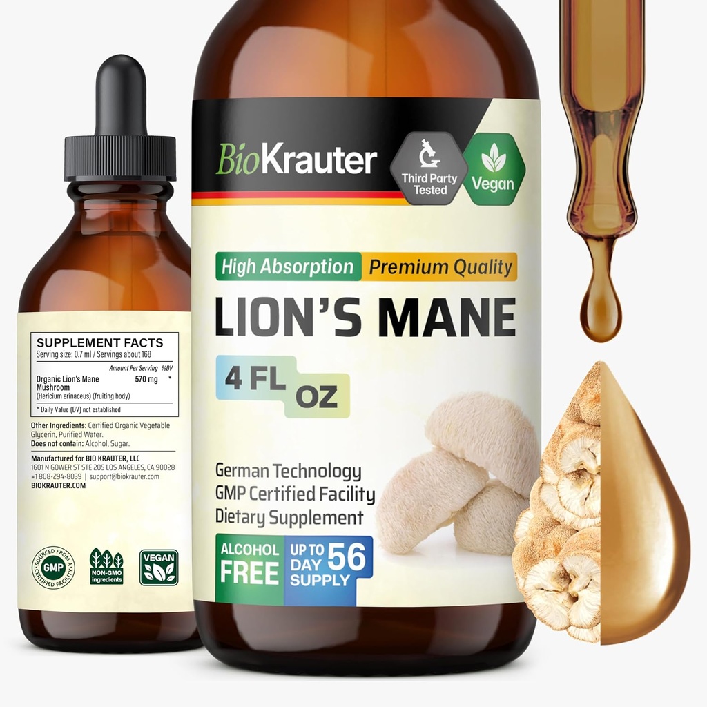 BIO KRAUTER Lions Mane Liquid Extract - Mushroom Supplement for Brain Support - Vegan Lions Mane Supplement - Alkol & Sugar Free Drops - 4 Fl.Oz.