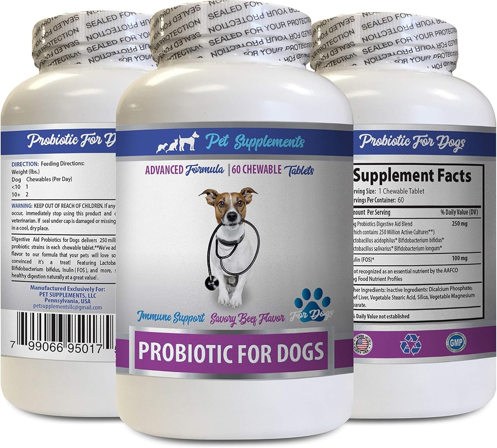 Enzimas digestivas do cão Pó - PROBIOTICS para cães - Gut saudável - Stop Gas Diarréia e mau hálito - Digestive Boost - probióticos para cães - 1 garrafa (60 Doces)