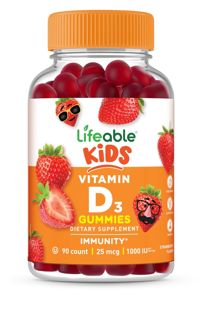 Lifeable Kids Vitamin D Gummies | Vitamin D3 1000iu | Great Tasting Vitamin D3 Gummies | D3 Vitamin for Strong Healthy Bones and Immune Support | Vitamin D for Kids, Boys, Girls | 90 Gummies