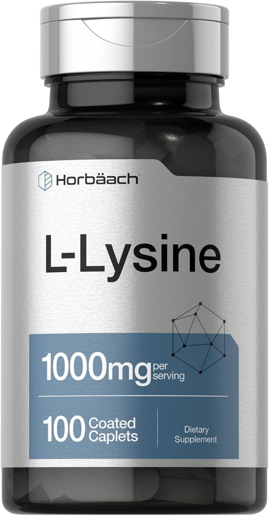 Horbäach L-Lysine 1000mg | 100 Caplets ricoperti | Supplemento dietetico gratuito | Aminoacido essenziale | Vegetariano, Non OGM e Formula senza glutine