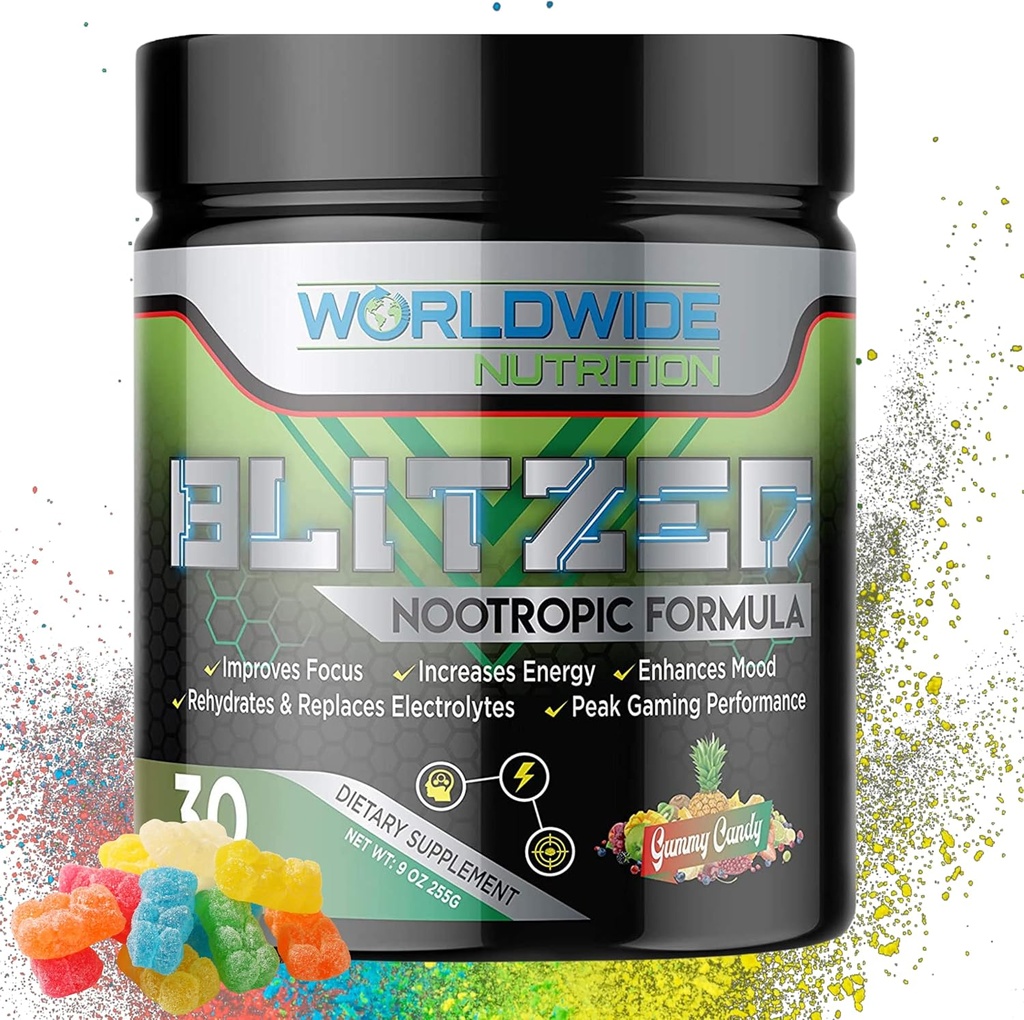 Worldwide Nutrition Blitzed Nootropic Formula - All Natural Energy Drink Mix Powder - Brain Supplements for Memory and Focus - Enhanced Focus and Energy Supplement - Gummy Candy Maitse - 30 Servings