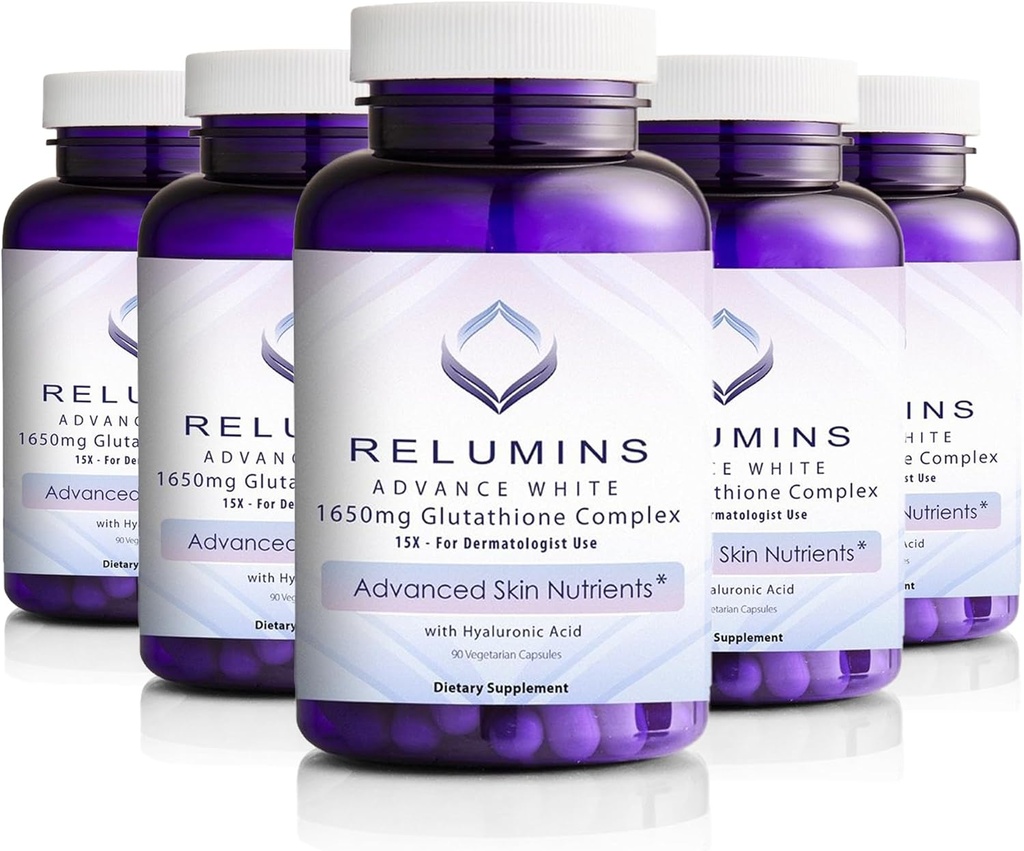 Reluminer 1650mg L- Glutathione Complex med Hyaluronsyre, Alpha Lipoic Acid, Rose HIPS, Vitamin E & Riboflavin, Antioxidant Support, Skin Hydration & Wellness, Lavet i USA - 90 kapsler x 5 flasker