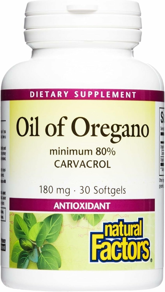Factores naturais, aceite de Oregano 180 mg, axuda a manter unha boa saúde con aceite de oliva virxe extra, 30 softgels (30 racións)