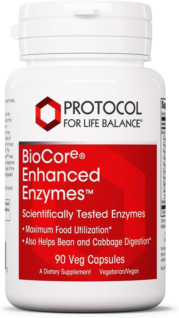 Protocol BioCore Enhanced Enzymes - Helps Digest Beans & Crucifying Vaccines* - Digestion Supplement* - Amylase & Lipase - Kosher & Vegan - 90 Veg kapselia