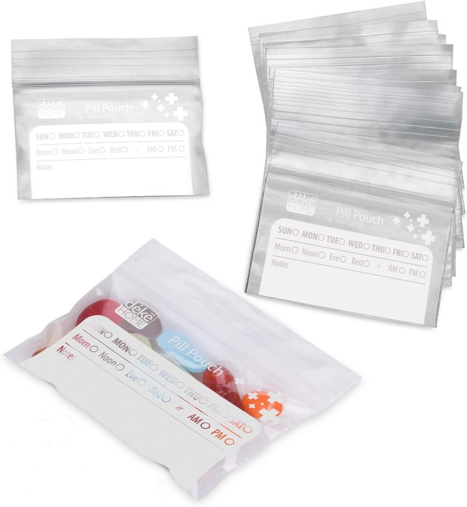 Deke Home - 100 Pack Clear Resailable Pill Bags (4x2.75 in), Travel Medicine Pouchs with Write-On Label, BPA-Free Fustable Pill Organizer for Medications, Vitamins & Additions