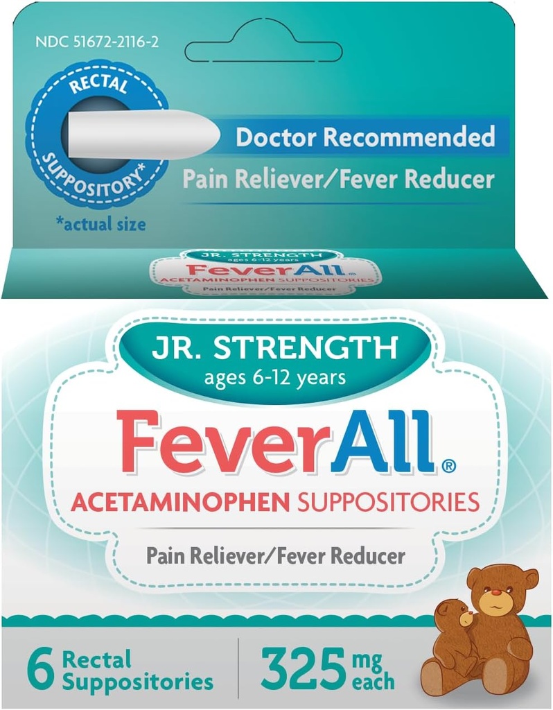 Feverall Kinder Acetaminophen Suppositories 6 Rectal Suppositories 325mg Jeder Schmerz Reliever/Fever Reducer. Parabenfrei, keine künstlichen Farben oder andere Konservierungsstoffe. Alter 6-12 Jahre