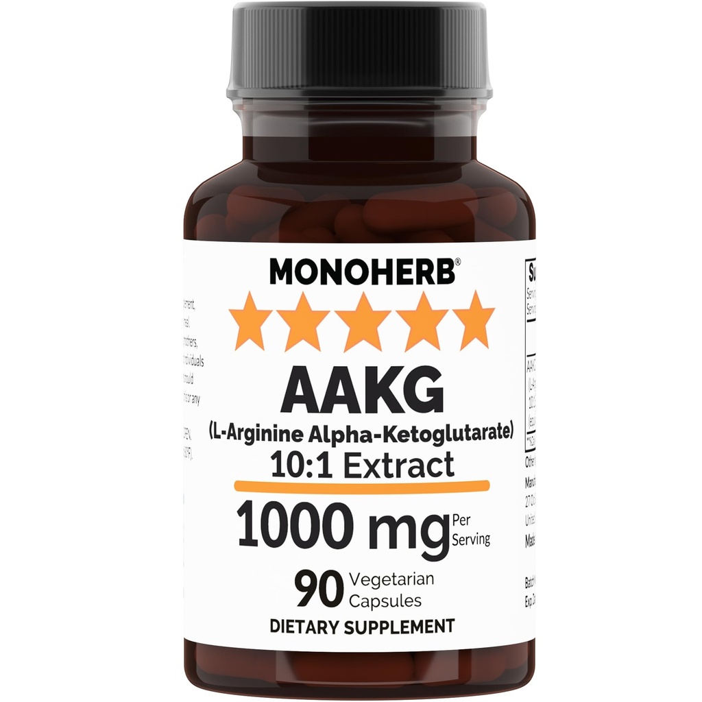 MONOHERB AAKG L-Arginine Alpha-Ketoglutarate 10:1 Extract - 1000 mg per Serving. Serving Size: 2 Capsules. 45 Servings per Bottle.