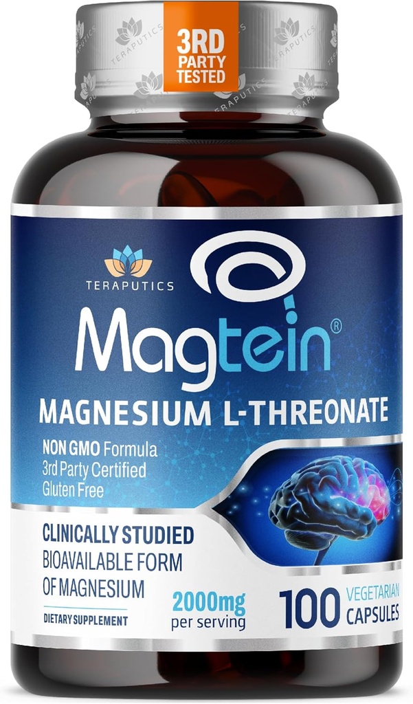 Magnesium L Threonate, Magtein™, Brain Supplement for Memory, Focus, Sleep and Cognitive Support, High Absorption Magnesium L-Threonate, Non-GMO, No Laxative Effect – 2000 mg, 100 Vegan Capsules