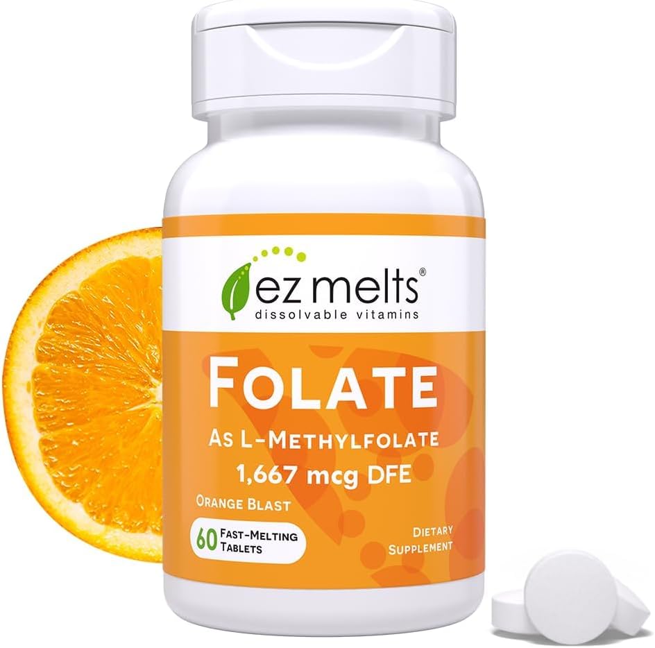 EZ Melts Dissolvable Folate 1,667 mcg, L-méthylfolate, sans sucre, 2 mois d'approvisionnement - 1 paquet