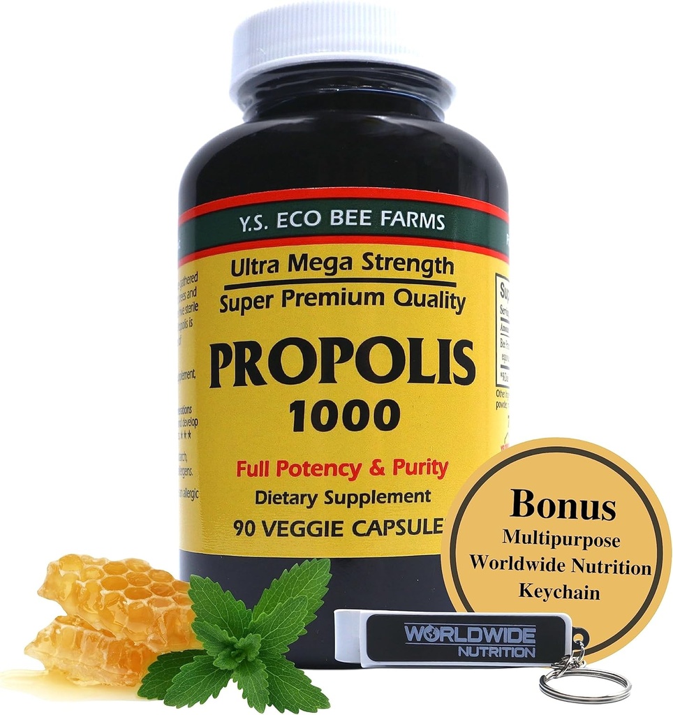 Y.S. Organic Bee Farms Propolis-Raw Unprocessed 1000mg - Your Gateway to Wellness - 90 kapslar med Bonus globalnutrition Multi Purpose Key Chain
